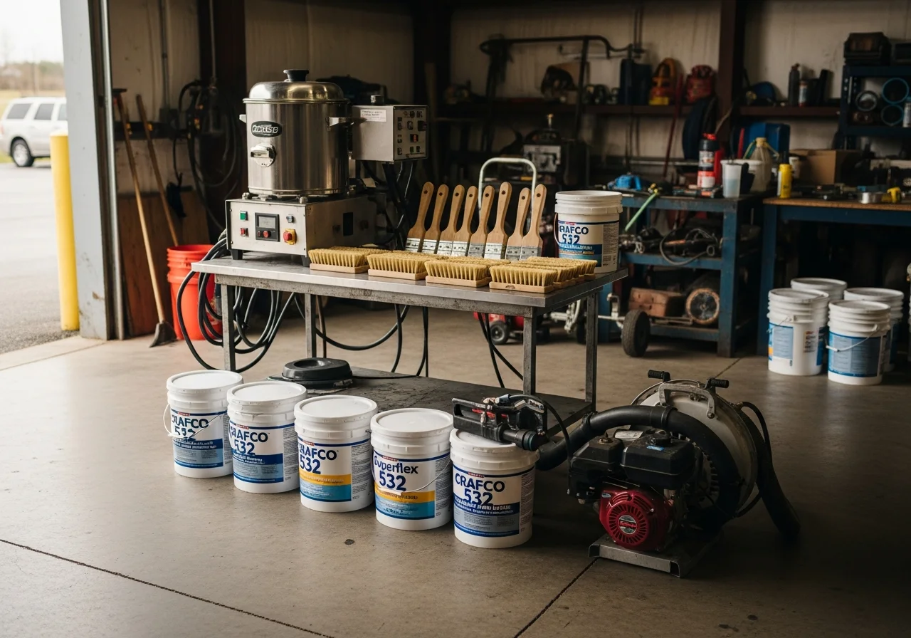 Driveway sealcoating equipment and tools arranged on a work surface, showing hot pour kettle, brushes, and blower machinery.
