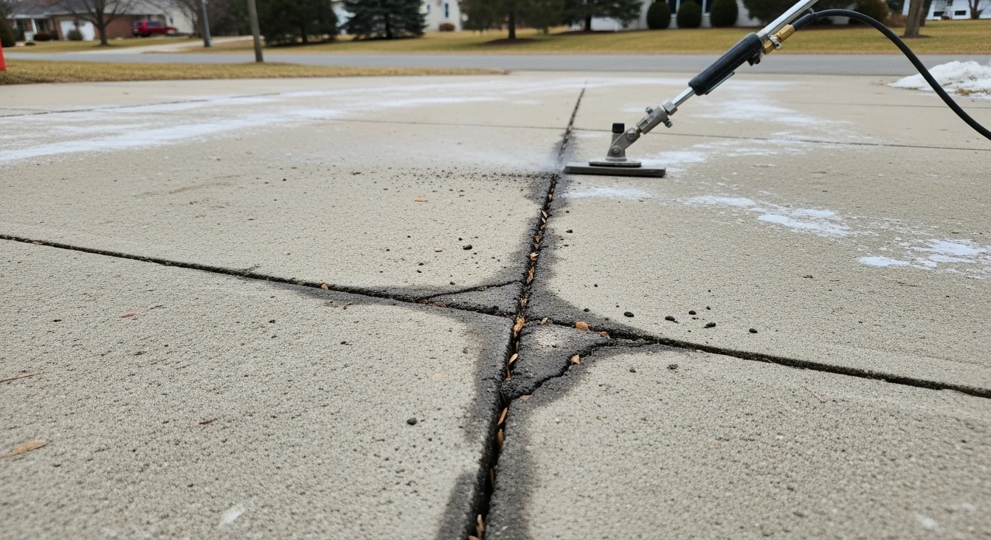 A Rochester driveway concrete surface with a cleaned-out crack running across the slab, showing cleared edges and no loose debris inside the crack. The surrounding concrete shows typical weathering consistent with upstate New York freeze-thaw exposure.