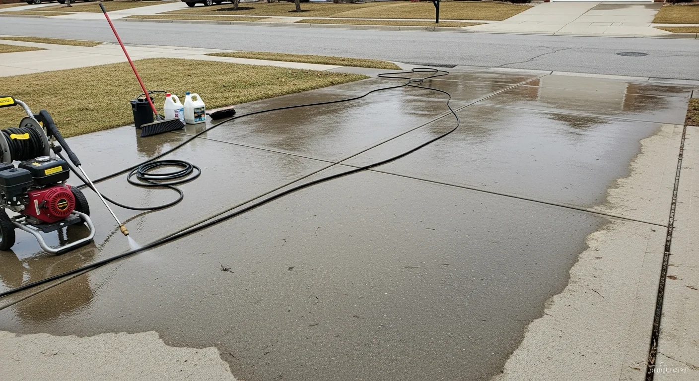 A Rochester concrete driveway after professional pressure washing, showing clean gray surface with oil stains and road salt deposits fully removed. The driveway runs from a residential garage to the street with no visible discoloration or mildew patches.