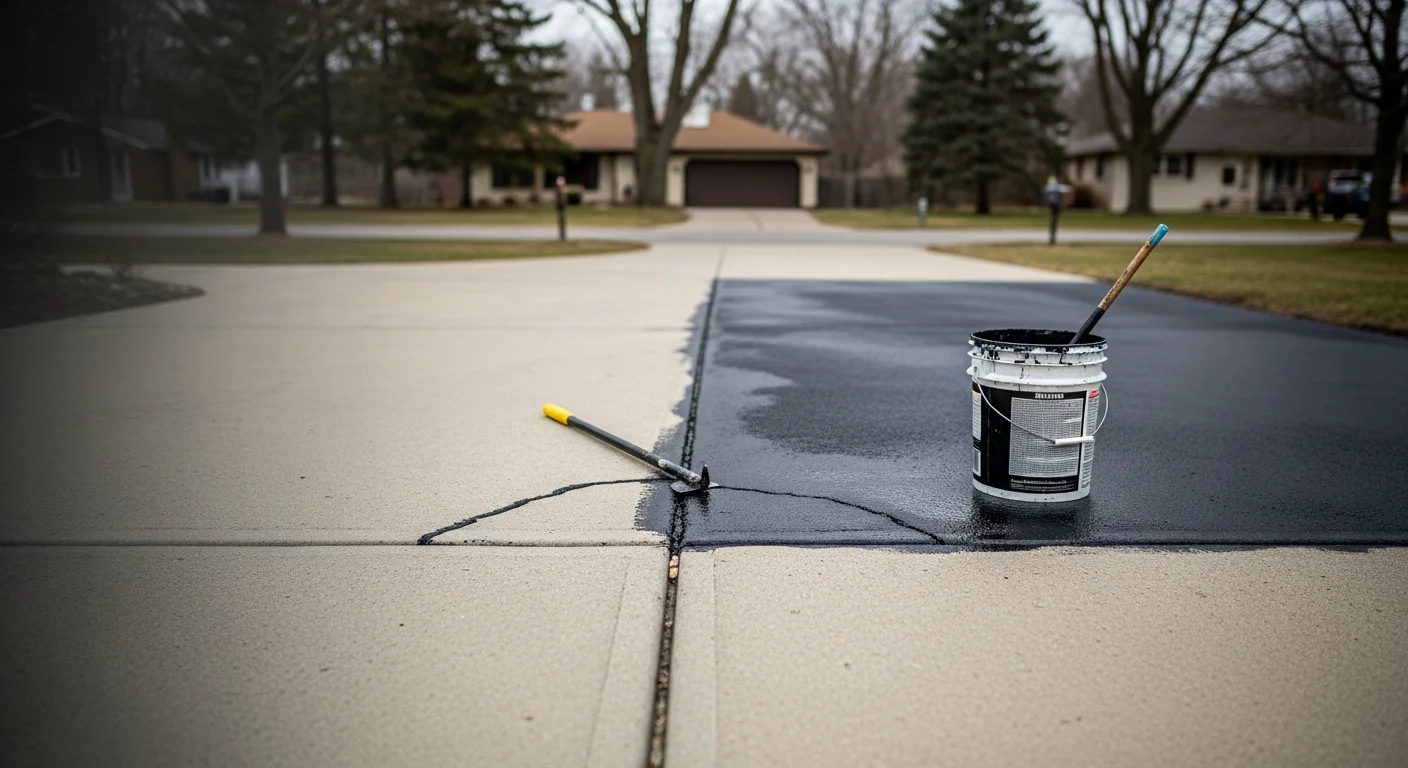A freshly sealed concrete driveway in a Rochester, NY residential neighborhood, showing a clean, even surface free of visible cracks or salt staining. The driveway runs from the street to an attached garage on a typical Monroe County single-family home.