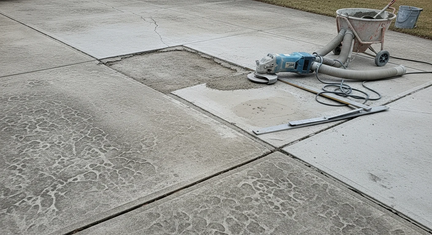 A repaired concrete driveway in Rochester, NY showing a smooth, crack-free surface with clean slab joints. The driveway leads to a residential home with no visible spalling, sunken panels, or surface damage.