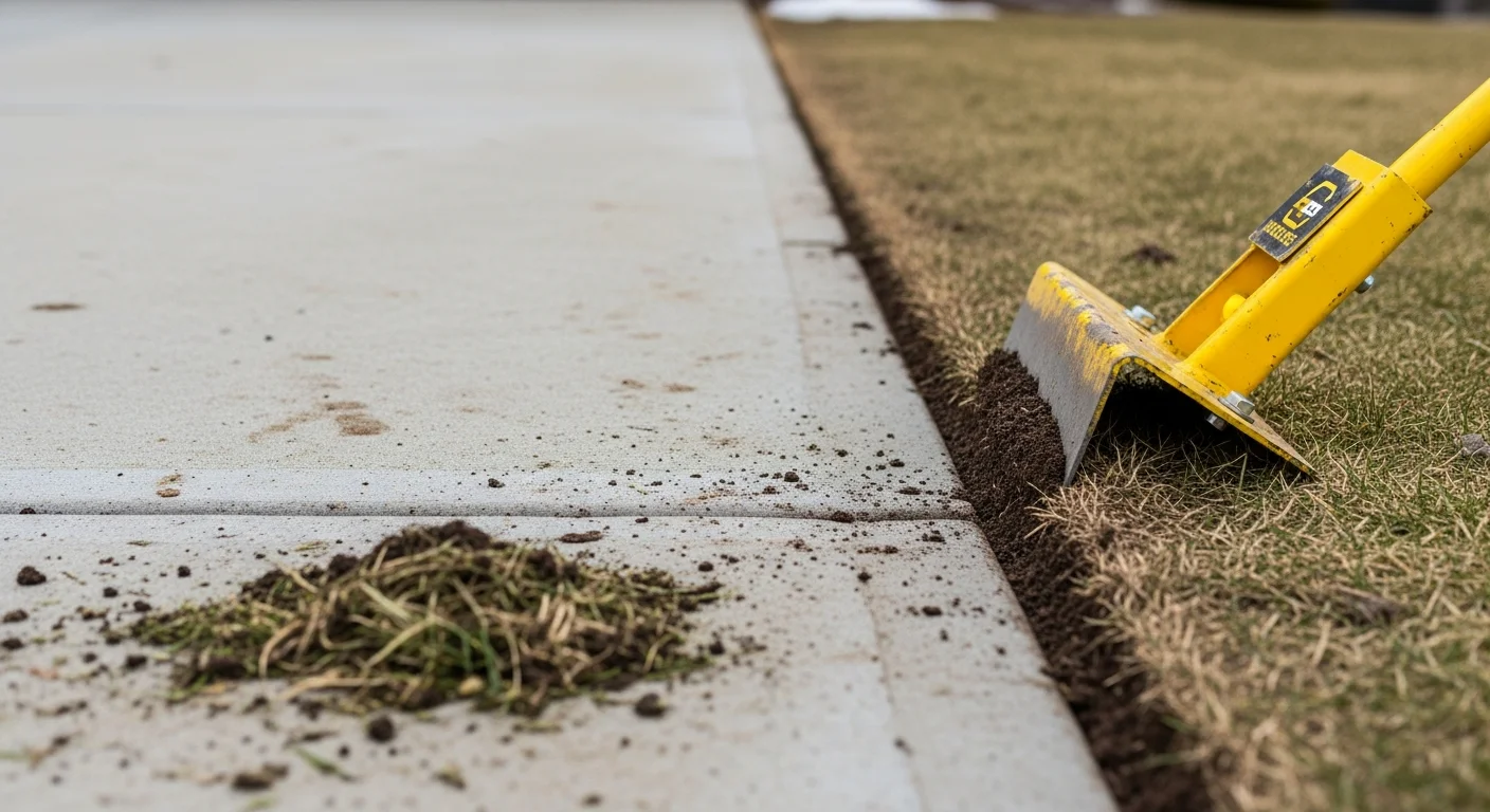 A Rochester residential driveway showing a freshly cleaned concrete edge with defined borders, cleared soil, and no grass overgrowth along the slab line. The cleaned edge contrasts with the surrounding lawn, showing the full width of the concrete surface after service.