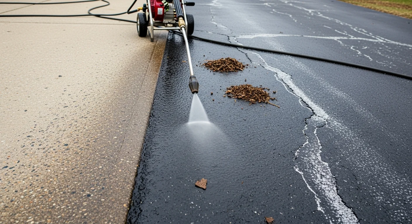 A Rochester asphalt driveway being cleaned and prepped before sealcoating, showing a contractor clearing surface debris and oil stains from weathered blacktop. The cleaned section of the driveway shows a visibly darker, debris-free surface compared to the untreated area beside it.
