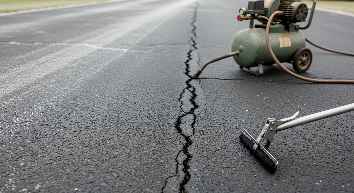 Close-up of a freshly filled asphalt driveway crack on a residential property in Rochester, NY, with dark filler material flush to the surrounding pavement surface. The repaired driveway shows clean, sealed lines with no open gaps or edge separation.