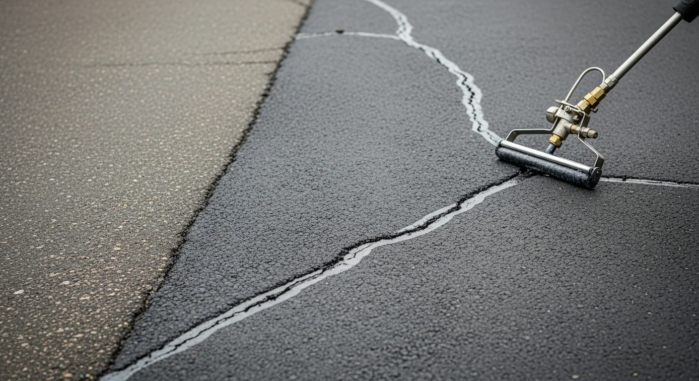 Close-up view of a freshly crack-sealed asphalt driveway at a Rochester residential property, with sealed lines showing a clean, dark finish across the surface. The surrounding lawn and typical Monroe County suburban home exterior are visible in the background.