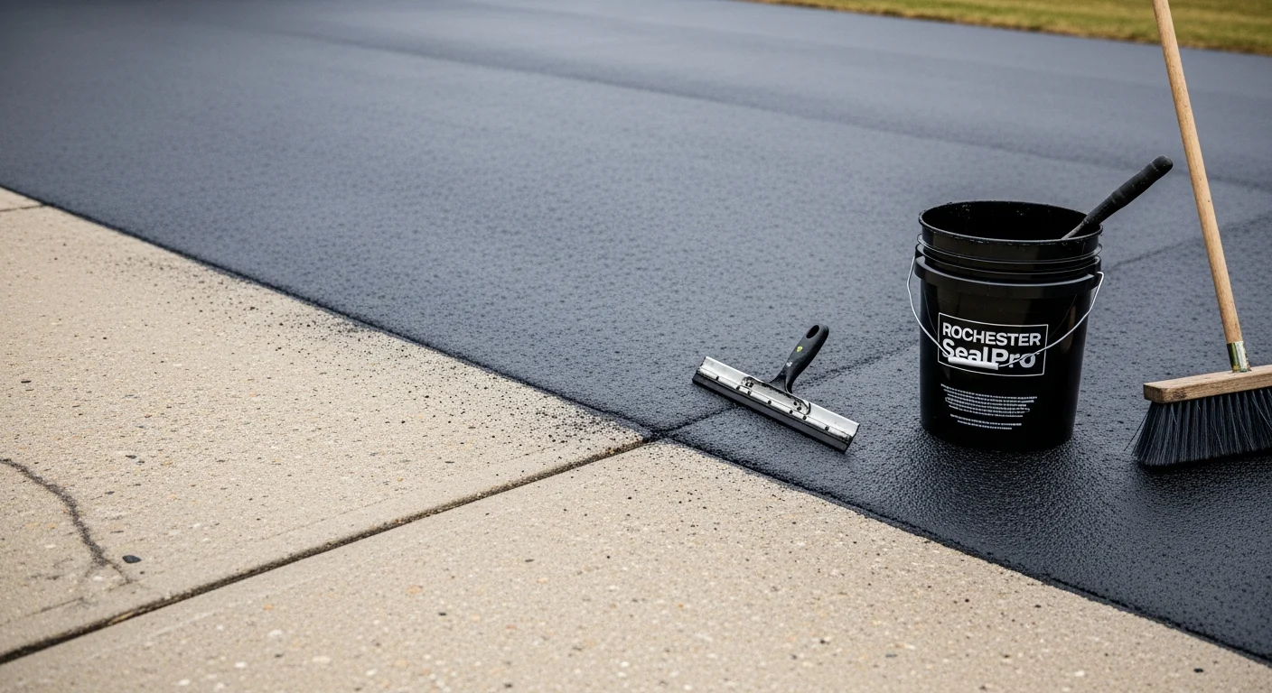 A freshly sealcoated residential asphalt driveway in Rochester, NY, showing a uniform deep-black surface with clean edges along the lawn line. The sealed surface contrasts with the surrounding concrete sidewalk, showing the protective coating applied by CJT Driveway Sealcoating.